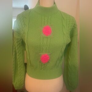Maria Flor Green Cable-Knit Sweater with Pink Pom Details from Brazil
